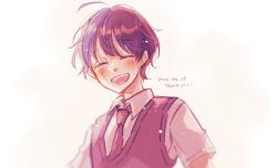Rule 34 | 1boy, :d, blush, closed eyes, collared shirt, colored eyelashes, commentary request, dated, facing viewer, highres, limited palette, male focus, nanamori (stpri), nanashima. (nnnnsm29), necktie, open collar, open mouth, partial commentary, purple hair, purple necktie, purple vest, shirt, short hair, short sleeves, simple background, smile, solo, strawberry prince, teeth, thank you, upper body, utaite, vest, white background, white shirt, wispy bangs