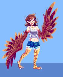 Rule 34 | 1girl, artsyrobo, bare shoulders, bird legs, blue background, breasts, brown feathers, brown hair, brown wings, cleavage, commentary, crop top, denim, denim shorts, english commentary, feathered wings, feathers, full body, harpy, highres, long hair, midriff, monster girl, navel, open mouth, original, pointy ears, red eyes, shorts, small breasts, solo, talons, tank top, teeth, upper teeth only, white tank top, winged arms, wings