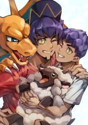Rule 34 | 2boys, bad id, bad pixiv id, baseball cap, brothers, charizard, clenched teeth, commentary request, creatures (company), dark-skinned male, dark skin, eye contact, eyelashes, facial hair, fingernails, game freak, gen 1 pokemon, gen 8 pokemon, hand on another&#039;s shoulder, hat, highres, hop (pokemon), komame (st beans), leon (pokemon), looking at another, male focus, multiple boys, nintendo, one eye closed, pokemon, pokemon (creature), pokemon swsh, purple hair, red shirt, shirt, siblings, smile, teeth, wooloo, yellow eyes