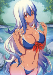 1girl bare_arms bare_shoulders bikini blue_bikini blue_hair breasts cleavage collarbone cowboy_shot gradient_hair groin hair_between_eyes hands_up highres hijikawa_arashi kamishirasawa_keine large_breasts long_hair looking_at_viewer multicolored_hair navel no_headwear parted_lips red_eyes rock scan shiny_skin sidelocks silver_hair solo standing stomach strap_pull streaked_hair swimsuit tan tanline thighs touhou tree very_long_hair water wavy_hair