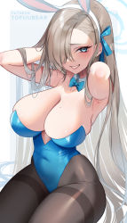 Rule 34 | 1girl, animal ears, asuna (blue archive), asuna (bunny) (blue archive), bare shoulders, blue archive, blue eyes, blue leotard, blush, breasts, brown pantyhose, cleavage, commentary, detached collar, elbow gloves, fake animal ears, gloves, grin, hair over one eye, highleg, highleg leotard, highres, large breasts, leotard, light brown hair, long hair, looking at viewer, mole, mole on breast, pantyhose, playboy bunny, rabbit ears, smile, solo, thighs, tofuubear, white gloves