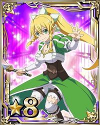 Rule 34 | 10s, 1girl, blonde hair, boots, braid, breasts, card (medium), cleavage, green eyes, hair between eyes, high ponytail, holding, holding sword, holding weapon, knee boots, large breasts, leafa, long hair, looking at viewer, neck garter, shorts, solo, star (symbol), sword, sword art online, thighhighs, twin braids, weapon, white thighhighs