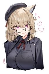 Rule 34 | 1girl, animal ear fluff, animal ears, arknights, beret, black jacket, black skirt, blonde hair, breasts, glasses, hair ornament, hat, highres, horn/wood, jacket, large breasts, long sleeves, neck ribbon, official alternate costume, open clothes, open jacket, purple eyes, ribbon, shirt, short hair, skirt, solo, upper body, utage (arknights), utage (disguise) (arknights), x hair ornament