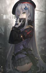 Rule 34 | 1girl, a maru, absurdres, beret, black hat, black skirt, black thighhighs, character name, copyright name, covered mouth, cowboy shot, cross hair ornament, girls&#039; frontline, gloves, green eyes, hair ornament, hand up, hat, highres, hk416 (girls&#039; frontline), huge filesize, jacket, long hair, long sleeves, looking at viewer, miniskirt, plaid, plaid skirt, pleated skirt, purple jacket, sidelocks, silver hair, skirt, solo, standing, sword, thighhighs, very long hair, weapon, white gloves, zettai ryouiki