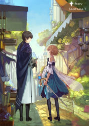 Rule 34 | 1boy, 1girl, ahoge, ao hitomi, bag, black hair, bow, brown hair, bush, cape, castle, copyright name, crystal, day, detached sleeves, dress, fantasy, holding, house, lamp, long hair, looking at another, open mouth, original, pantyhose, pixiv fantasia, pixiv fantasia t, plant, potted plant, road, short hair, sky, smile, staff, storefront, street, town, tree, wind