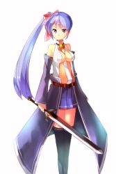 Rule 34 | 1girl, bare shoulders, battle maiden navi, between breasts, black thighhighs, blue hair, bow, breasts, center opening, detached sleeves, hair bow, high collar, highres, holding, holding weapon, light smile, long hair, looking at viewer, lord of valkyrie, lord of walkure, miniskirt, no bra, numberaasaa, parted bangs, pleated skirt, purple eyes, purple hair, side ponytail, simple background, skirt, sleeves past wrists, smile, solo, standing, sword, thighhighs, very long hair, weapon, white background, zettai ryouiki
