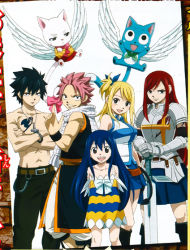 Rule 34 | 2boys, 3girls, armor, black hair, blonde hair, blue hair, charle (fairy tail), erza scarlet, fairy tail, gray fullbuster, happy (fairy tail), lucy heartfilia, multiple boys, multiple girls, natsu dragneel, pink hair, red hair, sword, tattoo, weapon, wendy marvell, wings