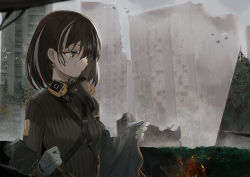 Rule 34 | 1girl, arknights, bird mask, black jacket, breasts, brown hair, city, closed mouth, crescent, crescent earrings, earrings, fire, gas mask, gloves, grey sky, highres, jacket, jewelry, koio, magallan (arknights), magallan (elite ii) (arknights), mask, mask around neck, medium breasts, multicolored hair, off shoulder, outdoors, rain, ribbed sweater, ruins, short hair, sky, solo, strap, streaked hair, sweater, two-tone hair, upper body, wet, white gloves, white hair, yellow eyes