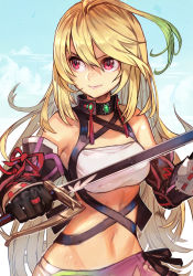 Rule 34 | 1girl, ahoge, bandeau, black choker, black gloves, blonde hair, blue sky, breasts, choker, closed mouth, cloud, cloudy sky, cowboy shot, day, gloves, gradient hair, green hair, hair between eyes, holding, holding sword, holding weapon, hungry clicker, lips, long hair, medium breasts, midriff, milla maxwell, multicolored hair, namco, navel, outdoors, red eyes, sky, smile, solo, strap, strapless, streaked hair, sword, tales of (series), tales of xillia, tube top, two-tone hair, weapon