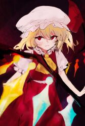 Rule 34 | 1girl, ascot, blonde hair, closed mouth, commentary, cowboy shot, dark background, flandre scarlet, frilled sleeves, frills, hair between eyes, hat, highres, looking at viewer, medium hair, mob cap, moku (muooku), multicolored wings, puffy short sleeves, puffy sleeves, red background, red eyes, red skirt, red vest, shirt, short sleeves, simple background, skirt, solo, symbol-only commentary, touhou, vest, white hat, white shirt, wings, yellow ascot