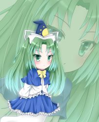 Rule 34 | 1girl, bow, capelet, chibi, dress, ghost tail, green eyes, green hair, hat, highres, layered dress, long sleeves, looking at viewer, matching hair/eyes, mima (touhou), puffy sleeves, solo, touhou, touhou (pc-98), wizard hat, xue ye, zoom layer
