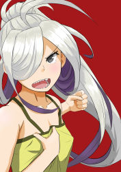 Rule 34 | 10s, 1girl, asashimo (kancolle), bad id, bad pixiv id, bare shoulders, black eyes, blush, camisole, clenched hand, collarbone, commentary request, flat chest, green shirt, hair over one eye, high ponytail, ichinose rokujou, kantai collection, long hair, looking at viewer, multicolored hair, open mouth, purple hair, red background, sharp teeth, shirt, shirt grab, silver hair, simple background, sleeveless, sleeveless shirt, solo, tears, teeth, two-tone hair, upper body, very long hair