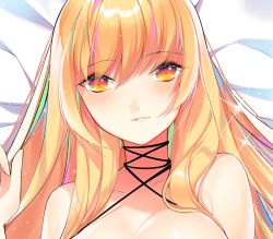 Rule 34 | 1girl, bad id, bad twitter id, bare shoulders, blonde hair, blush, collarbone, gradient background, lips, long hair, looking at viewer, no headwear, parted lips, portrait, ribbon, roh nam kyung, smile, solo, sparkle, touhou, upper body, yakumo yukari, yellow eyes