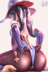 Rule 34 | 1girl, artist request, ass, blue hat, blush, breasts, cameltoe, commission, detached sleeves, elbow gloves, embarrassed, from behind, genshin impact, gloves, green eyes, grey background, hair between eyes, hair ornament, hair ribbon, hat, highres, huge ass, leotard, long hair, looking back, looking down, mona (genshin impact), pantyhose, partially visible vulva, purple hair, ribbon, shiny clothes, shiny skin, sideboob, simple background, sitting, skeb commission, skin tight, solo, thighlet, twintails, very long hair, wariza