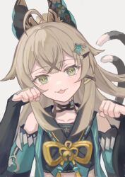 Rule 34 | 1girl, animal ears, armpits, bare shoulders, black shirt, brown hair, cat girl, cat tail, detached sleeves, genshin impact, green eyes, hair ornament, kirara (genshin impact), looking at viewer, paw pose, shirt, simple background, solo, tail, touchika, twintails, upper body