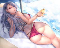 Rule 34 | 1girl, ass, beach, bikini, bracelet, breasts, brown eyes, cloud, cloudy sky, dutch angle, earrings, grey hair, hair ornament, highres, holding, jewelry, large breasts, long hair, looking back, lying, niijima sae, ocean, on side, open mouth, outdoors, parasol, persona, persona 5, red bikini, shoulder blades, sidelocks, sky, solo, strap gap, summer, swimsuit, thigh gap, umbrella, yaoto
