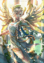 Rule 34 | 1girl, alternate costume, blonde hair, blue eyes, bracelet, breasts, commentary, dappled sunlight, dress, english commentary, feathered wings, feathers, flying, greece, head wreath, high ponytail, jewelry, laurel crown, lips, looking at viewer, making-of available, mechanical wings, medium breasts, mercy (overwatch), overwatch, overwatch 1, parted lips, pink lips, short sleeves, solo, sunlight, the cecile, toga, watermark, web address, white dress, winged victory mercy, wings