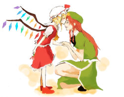 Rule 34 | 2girls, age difference, bad id, bad pixiv id, blonde hair, child, embodiment of scarlet devil, female focus, flandre scarlet, full body, hong meiling, kiss, multiple girls, onee-loli, pinup (style), red hair, touhou, umi (wotabu), yuri