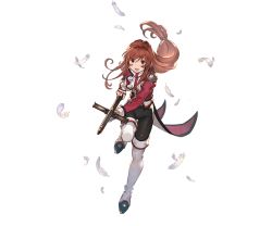 Rule 34 | 00s, 10s, 1girl, :d, black pants, boots, coattails, erica fontaine, feathers, full body, granblue fantasy, gun, holding, holding gun, holding weapon, leg up, long hair, long sleeves, low-tied long hair, military, military uniform, minaba hideo, official art, open mouth, over-kneehighs, pants, red eyes, red hair, running, sakura taisen, sakura taisen iii, sega, sidelocks, smile, solo, thighhighs, transparent background, uniform, weapon, white footwear