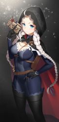 Rule 34 | 1girl, absurdres, ahoge, black cape, black footwear, black gloves, blue bodysuit, blue eyes, bodysuit, boots, braid, breasts, cape, capelet, cleavage, commission, commissioner upload, covered navel, crystal earrings, dhokidoki, earrings, fire emblem, fire emblem fates, fire emblem heroes, gloves, grey eyes, highres, hood, hood up, hooded cape, jewelry, large breasts, leather, long hair, low twin braids, medium breasts, nina (fire emblem), nintendo, non-web source, o-ring, official alternate costume, parted bangs, red capelet, skin tight, thigh boots, turtleneck, twin braids, two-tone bodysuit, two-tone cape, white hair