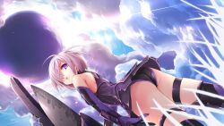 Rule 34 | 1girl, :o, armor, ass, bare shoulders, cloud, day, elbow gloves, fate/grand order, fate (series), gloves, grass, hair over one eye, highres, looking back, mash kyrielight, pink hair, purple eyes, shield, short hair, sky, solo, thigh strap, thighhighs, yoco n