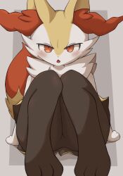 Rule 34 | 1girl, animal ear fluff, animal ears, animal feet, animal nose, arm support, arms at sides, black fur, blush, body fur, border, braixen, creatures (company), fang, feet, female focus, fox ears, fox girl, fox tail, full body, furry, furry female, game freak, gen 6 pokemon, grey background, grey border, highres, knees together feet apart, knees up, leaning back, legs, looking at viewer, makugafin, multicolored fur, neck fur, nintendo, open mouth, outside border, pigeon-toed, pokemon, pokemon (creature), red eyes, simple background, sitting, skin fang, solo, straight-on, tail, white fur, yellow fur