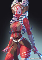 Rule 34 | 1girl, alien, artist name, blue lightsaber, breasts, colored skin, energy sword, fingernails, holding lightsaber, kajin (kajinman), large breasts, lightsaber, long fingernails, looking at viewer, medium breasts, patreon username, red skin, revealing clothes, shaak ti, solo, star wars, star wars: the force unleashed, sword, togruta, watermark, weapon, web address