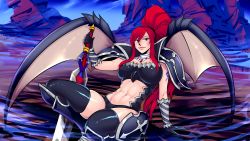 Rule 34 | 1girl, abs, black panties, breasts, clothing cutout, erza scarlet, fairy tail, gabriela gogonea, gabrielagogonea, highres, holding, holding sword, holding weapon, large breasts, long hair, panties, ponytail, red hair, smile, stomach cutout, sword, tagme, underwear, weapon, wings