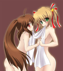 Rule 34 | 2girls, brown hair, completely nude, green eyes, kamikita komari, little busters!, long hair, masayu, mouth hold, multiple girls, natsume rin, nude, red eyes, ribbon, short hair, towel, twintails