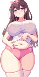 Rule 34 | 1girl, belly grab, blush, breasts, brown hair, buruma, character request, copyright request, covered erect nipples, gym shirt, gym uniform, highres, huge breasts, large breasts, lifting own clothes, long hair, looking at viewer, midriff, piao mao, pink buruma, pixel art, plump, purple eyes, shirt, solo, stomach, stomach day, sweat, thick thighs, thighhighs, thighs, white background