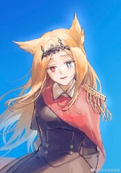 Rule 34 | 1girl, animal ear fluff, animal ears, archetto (arknights), arknights, arms behind back, black dress, blonde hair, blue background, blue eyes, bright pupils, cape, chinese commentary, commentary request, dress, epaulettes, heterochromia, highres, lion ears, lion girl, long hair, red cape, red eyes, simple background, solo, tiara, upper body, weibo watermark, wendy3807, white pupils