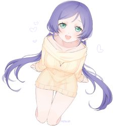 Rule 34 | 10s, 1girl, :d, aran sweater, artist name, bad id, bad twitter id, blush, cable knit, green eyes, heart, long hair, long sleeves, looking at viewer, love live!, love live! school idol festival, love live! school idol project, marin (myuy 3), off shoulder, open mouth, purple hair, signature, simple background, sleeves past wrists, smile, solo, sweater, tojo nozomi, twintails, white background