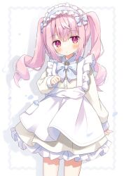 Rule 34 | 1girl, :o, apron, blue bow, blue bowtie, blush, bow, bowtie, dress, frilled dress, frills, hand up, highres, long sleeves, looking at viewer, maid, maid apron, maid headdress, nakkar, original, pink eyes, pink hair, plaid, plaid bow, plaid bowtie, shadow, sleeves past wrists, solo, standing, white apron, white dress