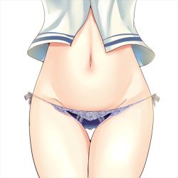 Rule 34 | 10s, 1girl, blue panties, close-up, groin, kantai collection, lace, navel, no pants, out of frame, panties, paundo2, side-tie panties, simple background, solo, stomach, string panties, thigh gap, underwear, urakaze (kancolle), white background