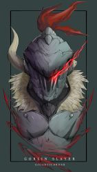 Rule 34 | 10s, 1boy, absurdres, armor, character name, full armor, fur collar, giganticbrush, glowing, glowing eye, goblin slayer, goblin slayer!, helmet, highres, knight, looking at viewer, male focus, plume, solo, upper body