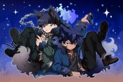 Rule 34 | 2boys, animal collar, animal ear fluff, animal ears, arm up, artist name, black collar, black eyes, black footwear, black hair, black nails, black pants, blue background, blue coat, chain, chain leash, closed mouth, coat, collar, deviidog0, fingernails, full body, fur-trimmed coat, fur-trimmed hood, fur-trimmed sleeves, fur trim, highres, hood, hood down, hooded coat, leash, long fingernails, long sleeves, looking at viewer, male focus, midriff peek, multiple boys, original, pants, shoes, short hair, sitting, solo, star (sky), star (symbol), tail, torn clothes, twitter username, wolf boy, wolf ears, wolf tail