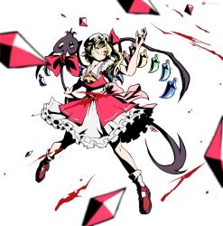 Rule 34 | 1girl, arms up, ascot, back bow, belt, blonde hair, blood, blood on face, blush, bow, buttons, closed eyes, closed mouth, collared shirt, crystal, dress, fang, flandre scarlet, flying, hair between eyes, hands up, hat, hat ribbon, highres, jewelry, laevatein (touhou), mob cap, multicolored wings, one side up, pink belt, pink bow, polearm, puffy short sleeves, puffy sleeves, red bow, red dress, red footwear, red ribbon, red vest, ribbon, shirt, shoes, short hair, short sleeves, signature, simple background, smile, socks, solo, spear, touhou, ultragruntyy, vest, weapon, white background, white dress, white hat, white socks, wings, yellow ascot