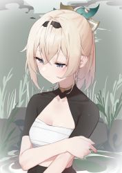Rule 34 | 1girl, :3, absurdres, black shirt, blonde hair, blue eyes, blush, breasts, cleavage, closed mouth, commentary request, crossed bangs, grass, hair between eyes, hair intakes, hairband, half updo, headpiece, highres, holding own arm, hololive, kazama iroha, looking down, medium breasts, medium hair, ponytail, sarashi, shirt, shrug (clothing), smile, solo, syhan, upper body, virtual youtuber, water, wet