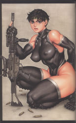 Rule 34 | 1girl, abs, absurdres, arm behind back, black thighhighs, breasts, brown eyes, brown hair, bullet, covered collarbone, covered erect nipples, elbow gloves, eyelashes, from side, full body, gloves, grey background, gun, halterneck, headband, highres, large breasts, leotard, lips, machine gun, magazine (weapon), muscular, muscular female, on one knee, scar, scope, short hair, simple background, skin tight, solo, thighhighs, thighs, tsukasa jun, v-shaped eyebrows, weapon