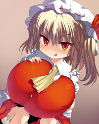 Rule 34 | 1girl, :q, alternate breast size, blonde hair, breasts, female focus, flandre scarlet, gigantic breasts, hand on own chest, hat, highres, kedamono kangoku-tou, oppai loli, orange eyes, shoes, sitting, tongue, tongue out, touhou