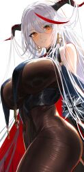 Rule 34 | 1girl, absurdres, aegir (azur lane), azur lane, bare shoulders, bodystocking, breasts, curvy, earrings, highres, horns, huge breasts, jewelry, kaki z3, large breasts, long hair, looking at viewer, skin tight, smile, solo, thick thighs, thighs, white background, white hair, yellow eyes