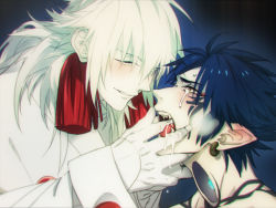 Rule 34 | 10s, 2boys, blue hair, blush, colored skin, dramatical murder, fangs, finger in another&#039;s mouth, male focus, multiple boys, pointy ears, ren (dramatical murder), saliva, seragaki aoba, smile, sunday31, tattoo, tears, white hair, white skin, yaoi