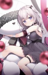 Rule 34 | 1girl, bandaged arm, bandaged leg, bandages, bandaid, bandaid on leg, bare shoulders, black choker, black dress, blurry, blurry foreground, blush, choker, closed mouth, commentary, depth of field, dress, feet out of frame, frilled dress, frills, grey hair, highres, long hair, looking at viewer, miyasaka naco, hugging object, one side up, original, oversized object, purple eyes, sleeveless, sleeveless dress, solo, stuffed animal, stuffed toy, symbol-only commentary, teddy bear