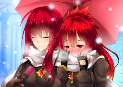 Rule 34 | 2girls, blush, closed eyes, couple, covered mouth, covering face, covering own mouth, elesis (elsword), elsword, fi-san, interview, long hair, microphone, multiple girls, red eyes, red hair, scarf, snow, snowing, umbrella, winter clothes
