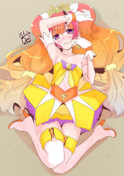 Rule 34 | 1girl, amanogawa kirara, bare shoulders, blush, brown background, cure twinkle, dated, de (deys), earrings, gloves, go! princess precure, jewelry, long hair, looking at viewer, lying, magical girl, multicolored hair, orange hair, pink hair, precure, purple eyes, signature, simple background, solo, star (symbol), star earrings, thighhighs, twintails, two-tone hair, white gloves, white thighhighs