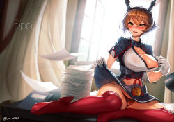 Rule 34 | 1girl, absurdres, backlighting, bare shoulders, blush, breasts, brown hair, clothes lift, clothes pull, curtains, gloves, green eyes, hair between eyes, hairband, headgear, highres, jai (whany1998), kantai collection, large breasts, legs, lifted by self, looking at viewer, midriff, miniskirt, mutsu (kancolle), mutsu kai ni (kancolle), navel, nipple slip, nipples, open window, panties, paper, partially submerged, pleated skirt, red panties, red thighhighs, shirt pull, short hair, skirt, skirt lift, smile, solo, thighhighs, thighs, underbust, underwear, white gloves, window
