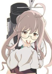 Rule 34 | 10s, 1girl, ahoge, blush, brown hair, cum, cum in mouth, cum on tongue, glasses, kantai collection, long hair, looking at viewer, makigumo (kancolle), ningen (ningen96), open mouth, oversized clothes, personification, school uniform, sleeves past wrists, solo, tongue, yellow eyes