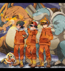 Rule 34 | 3boys, ash ketchum, baseball cap, beanie, black hair, blastoise, blue eyes, boots, breath, brown eyes, brown footwear, brown hair, charizard, claws, closed mouth, clothed pokemon, coffee-break, commentary request, creatures (company), expedition uniform, fire, fur-trimmed jacket, fur trim, game freak, gary oak, gen 1 pokemon, gen 8 pokemon, gloves, goggles, goh (pokemon), grookey, hand in pocket, hat, highres, holding, holding poke ball, jacket, long sleeves, male focus, multiple boys, nintendo, orange jacket, orange pants, pants, poke ball, poke ball (basic), pokemon, pokemon (anime), pokemon (creature), pokemon journeys, smile, snowing, spiked hair, standing