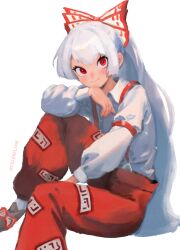 Rule 34 | 1girl, bow, celebelian, fujiwara no mokou, hair bow, hands on own chin, highres, imperishable night, long hair, ofuda, ofuda on clothes, pants, red eyes, red pants, simple background, sitting, smile, solo, suspenders, touhou, white background, white hair