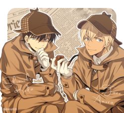 Rule 34 | 2boys, amuro tooru, blouse, blue eyes, border, brown coat, brown hair, brown headwear, character name, closed mouth, coat, collared shirt, commentary request, dark-skinned male, dark skin, deerstalker, gloves, hair between eyes, hand on own chin, hat, holding, holding smoking pipe, kudou shin&#039;ichi, looking at viewer, male focus, mashima shima, meitantei conan, multiple boys, newspaper, outline, outside border, shirt, smile, smoking pipe, stroking own chin, thinking, twitter username, white border, white gloves, white outline, white shirt